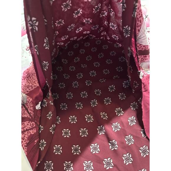 White House Black Market WHBM Women L Blouse Red pink kimono batwing floral - Picture 6 of 9